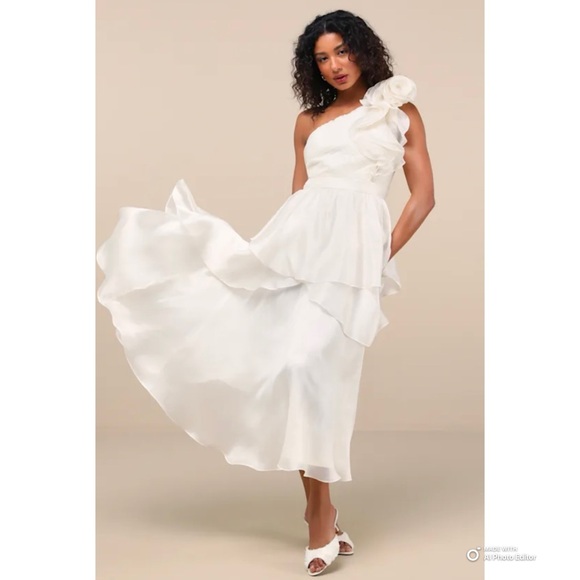 Lulus Dresses & Skirts - Lulus Large Lanelle Cream Ruffled One Shoulder Midi Dress NWOT Whimsical Tiered
